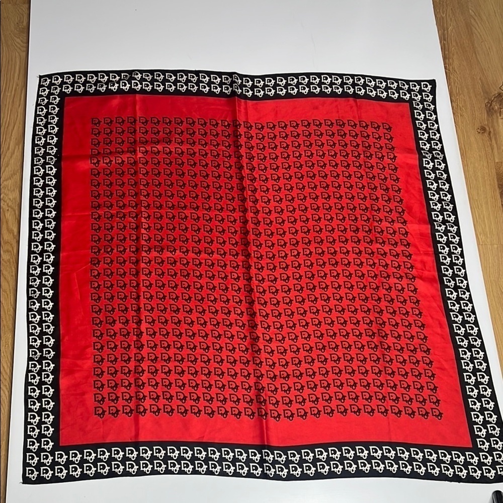 Vintage Christian Dior 35” Silk Red Black White Logo Scarf